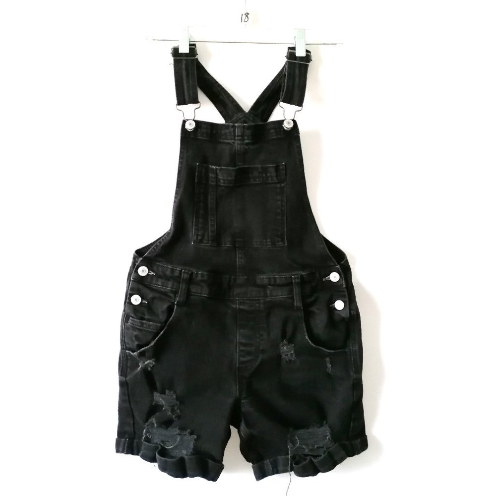 AriZona Jean Co Womens Black Adjustable Strap Distressed Denim Overalls Size S